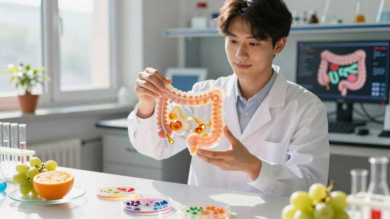 Wissenschaftler im weißen Kittel untersucht Darmmodell in Labor mit Früchten und Petrischalen am Tisch.