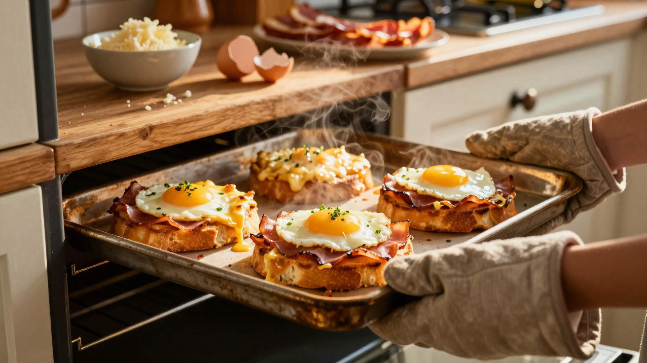 Drei frisch gebackene Toasts mit Spiegelei, Speck und Käse werden aus dem Ofen geholt.