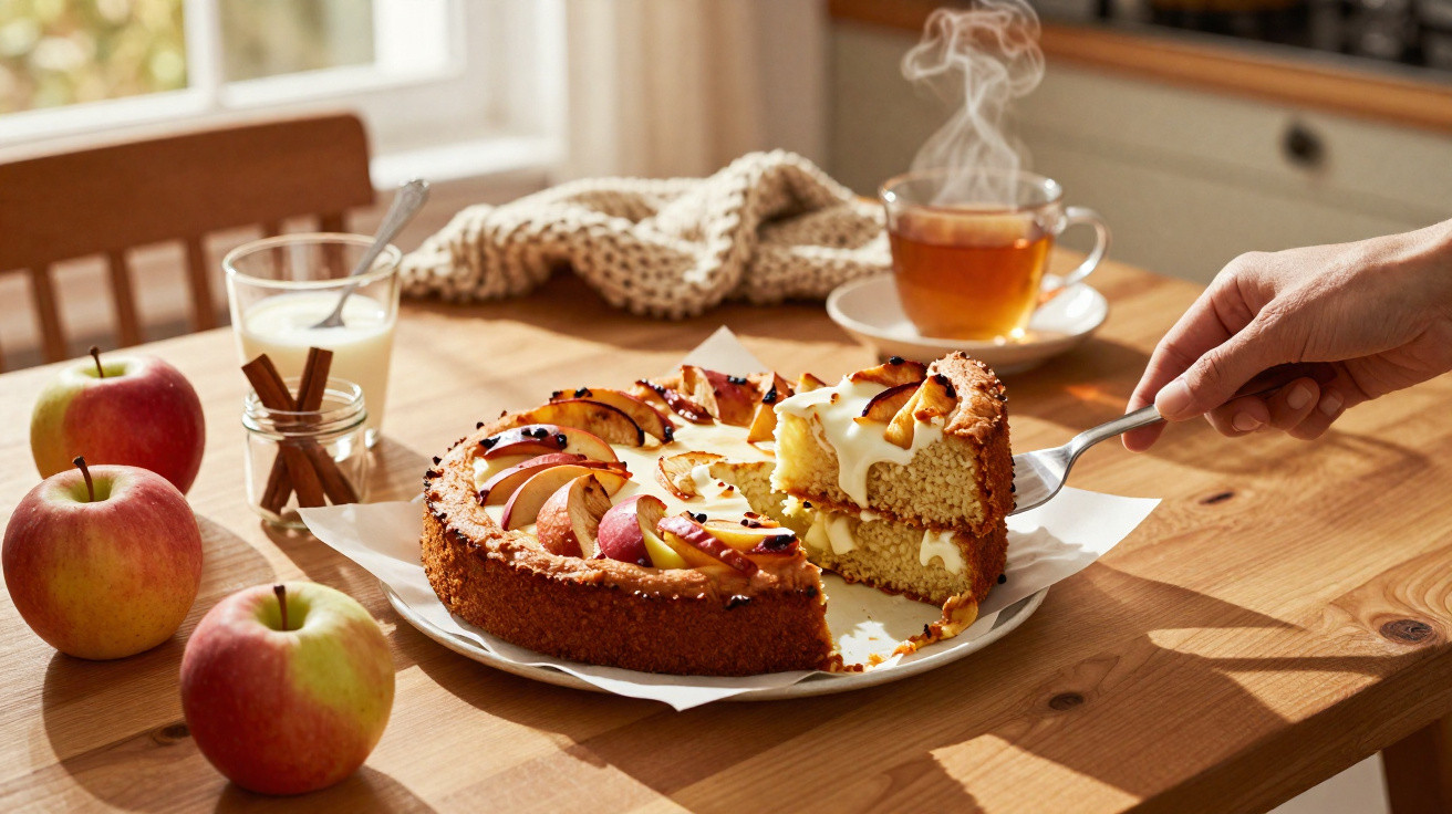 Hand hebt ein Stück Apfelkuchen mit Zuckerguss von einem Teller auf Holz­tisch, drei Äpfel und dampfender Tee daneben.