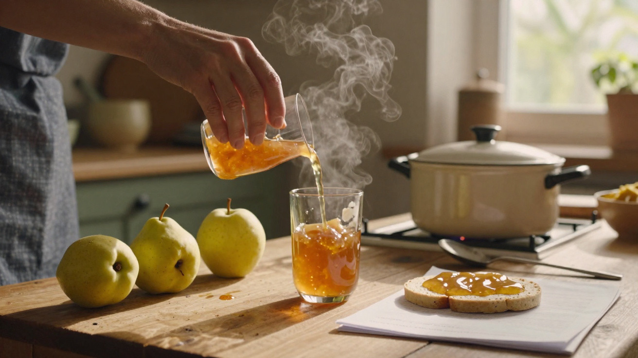 Hand gießt dampfende Fruchtmarmelade ins Glas, drei Birnen und bestrichenes Brot auf Holzbrett in Küche.