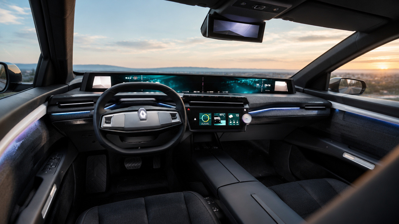 Innenraum eines modernen Renault Elektroautos mit digitalem Armaturenbrett bei Sonnenuntergang