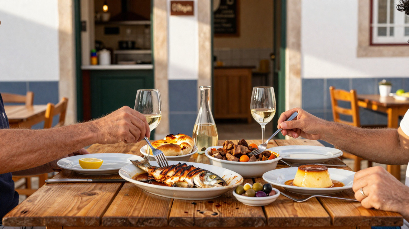 Zwei Personen essen gegrillten Fisch und Beilagen in einem sonnigen Restaurant im Freien.