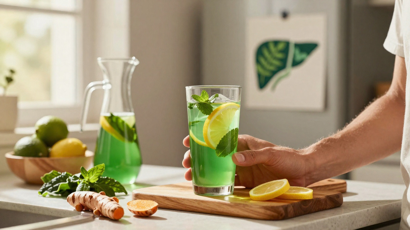 Person hält Glas mit grünem Getränk, Zitrone und Minze auf Küchenarbeitsplatte mit Schneidebrett und frischen Zutaten.