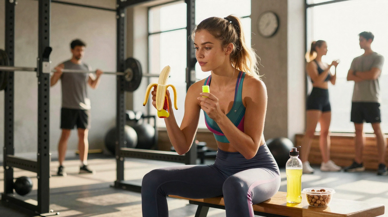 Frau in Sportkleidung isst Banane auf Trainingsbank im Fitnessstudio, im Hintergrund trainierende Personen.