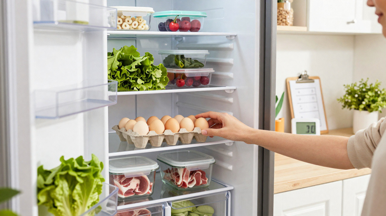 Hand legt Eierkarton in Kühlschrank voller frischem Gemüse, Fleisch und Obst in moderner Küche ab.