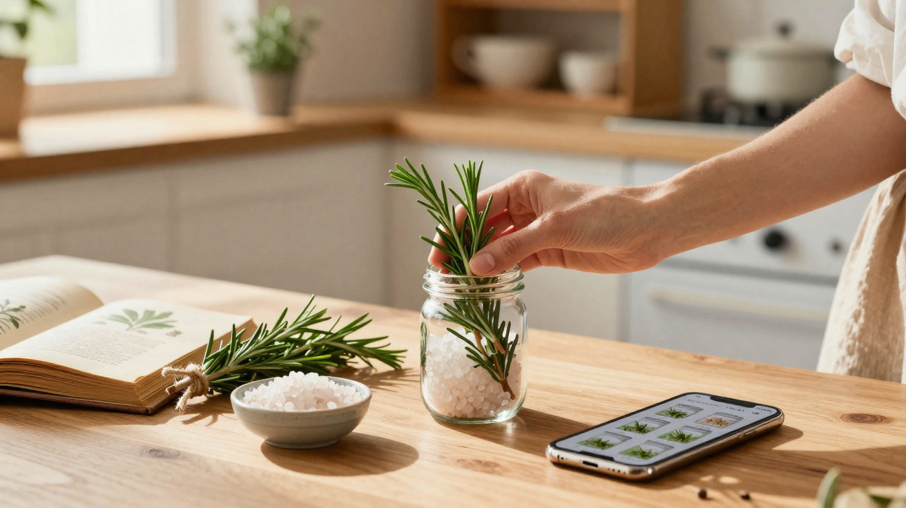 Hand legt Rosmarinzweig in Glas mit Salz, daneben Kochbuch und Handy mit Pflanzenbildern auf Holztisch in Küche.
