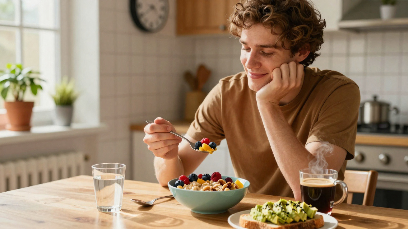 Junger Mann isst Müsli mit Beeren, daneben Kaffee und Avocado-Brot auf hellem Holztisch in Küche.