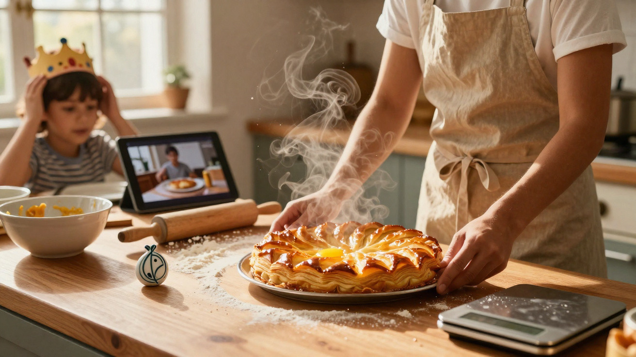 Heißer frisch gebackener Kuchen auf einem Holzbrett, daneben ein Kind mit Krone und ein Tablet mit Backvideo.