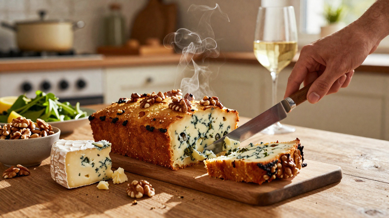 Frisch geschnittener Blauschimmelkäse mit Walnüssen auf Holzbrett, Hand mit Messer und Weinglas im Hintergrund