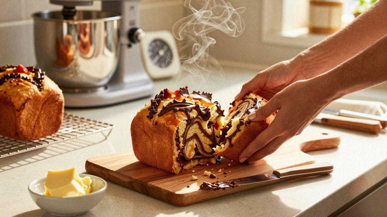 Frisch gebackenes Schoko-Marmorkuchen mit Dampf auf Holzbrett wird in moderner Küche aufgeschnitten.