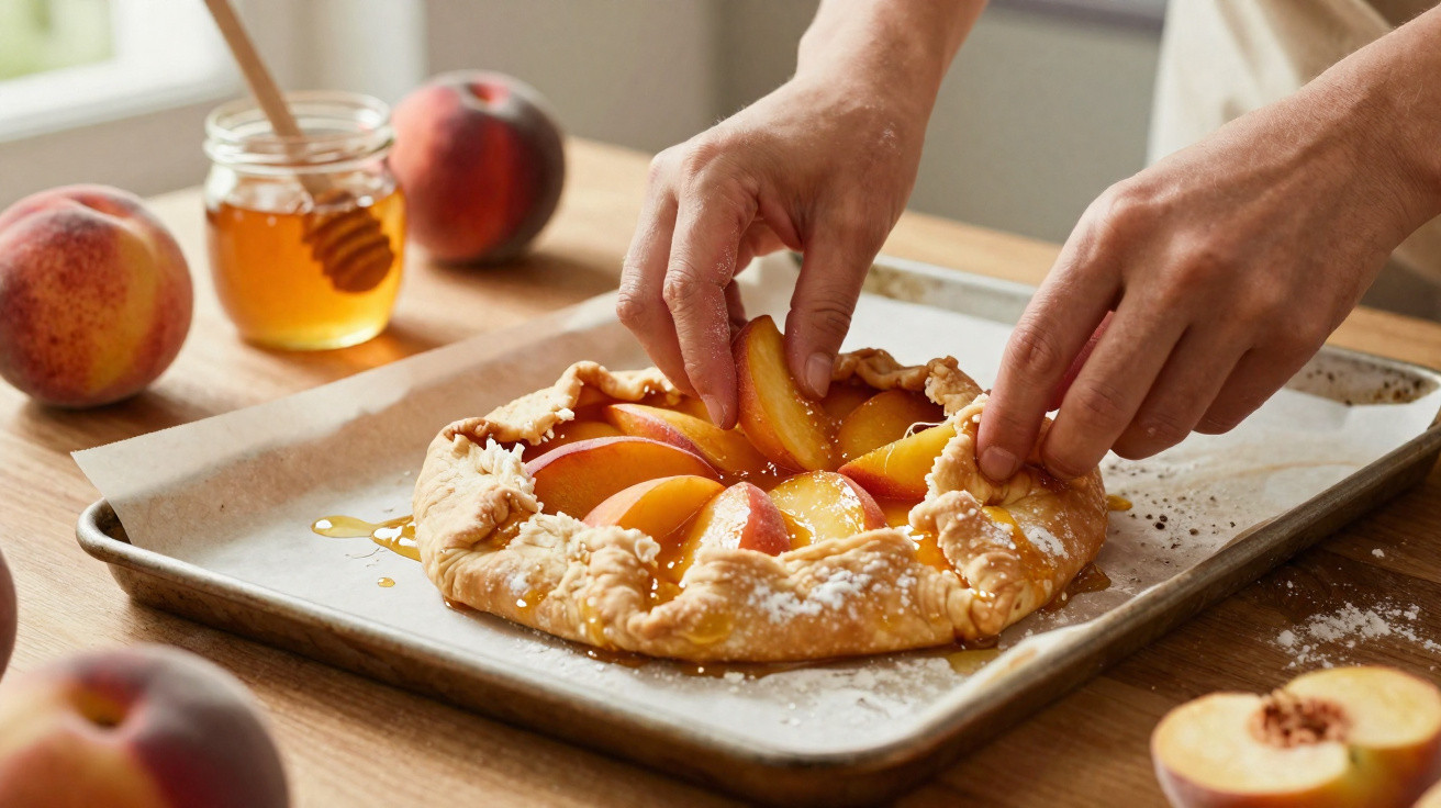 Hände, die eine Galette mit Pfirsichen auf einem Blech mit Backpapier formen, Honigglas im Hintergrund.