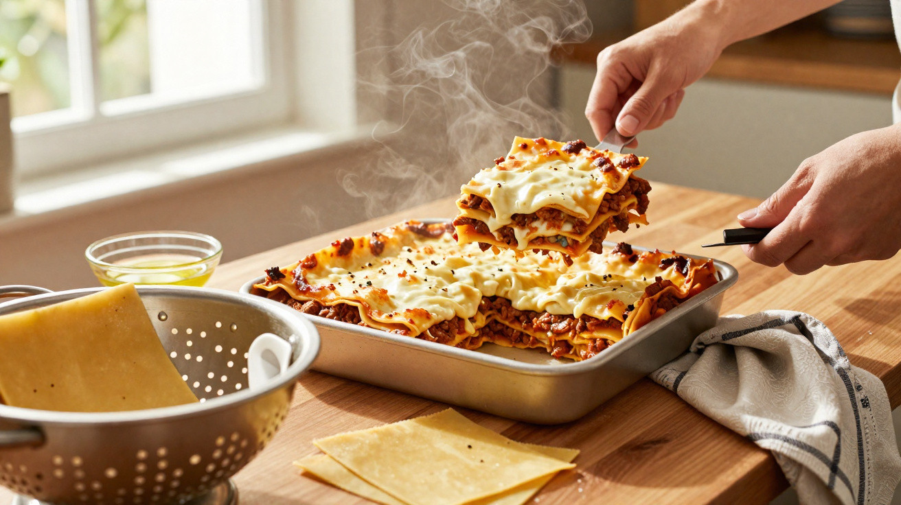 Frischer, dampfender Lasagneauflauf wird aus einer Backform serviert, daneben frische Nudelplatten im Sieb und am Tisch.