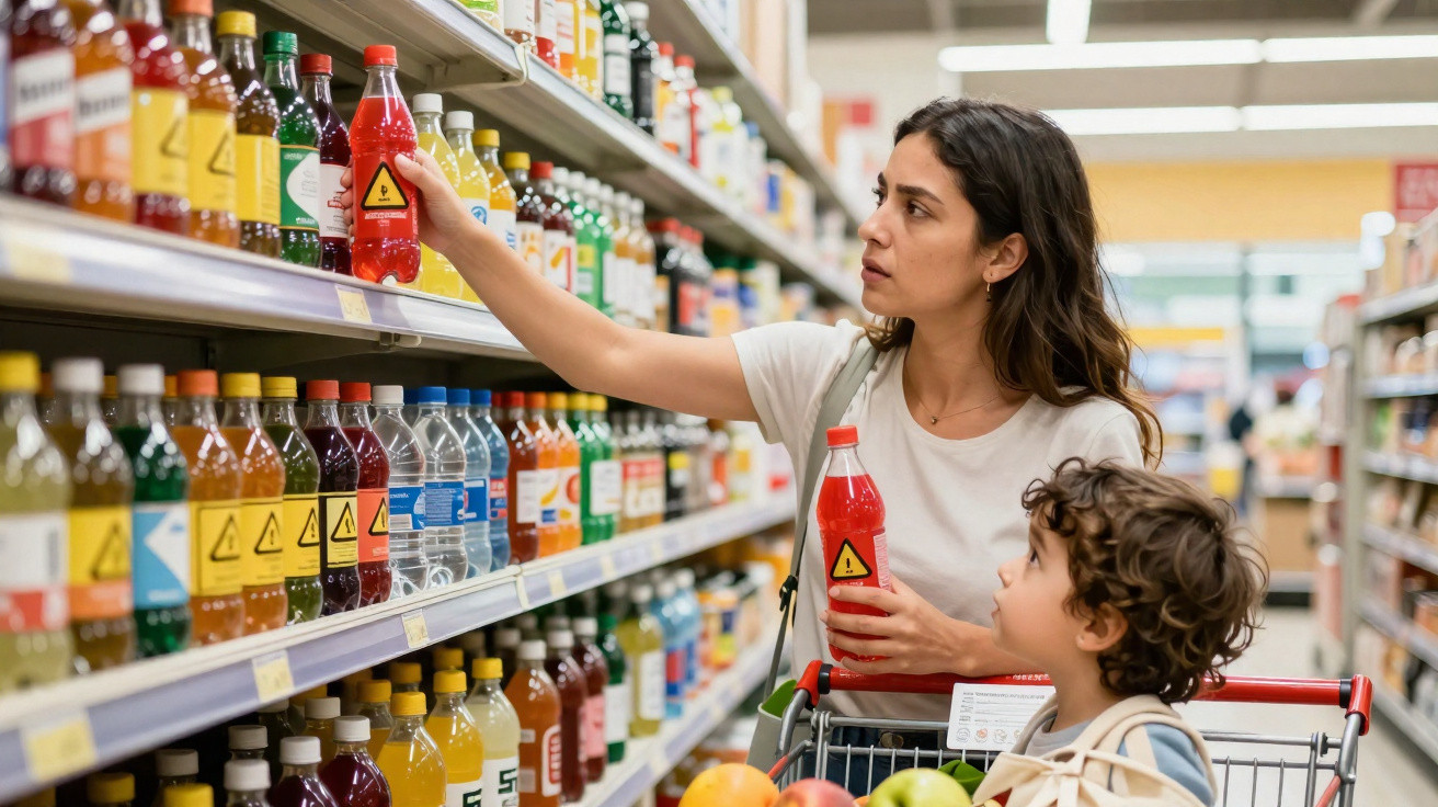 Frau mit Kind im Einkaufswagen sucht in einem Supermarktregal nach einem roten Getränk.