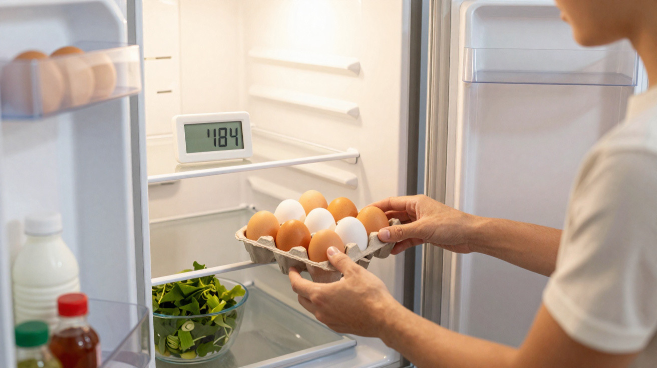 Person legt Eierkarton in Kühlschrank mit digitalem Thermometer und frischem Gemüse ab.