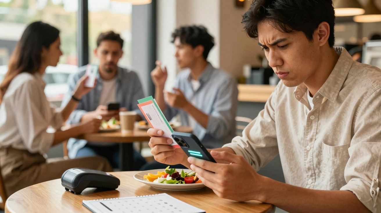 Junger Mann scannt Tickets mit Smartphone, während im Hintergrund drei Personen im Café sitzen und reden.