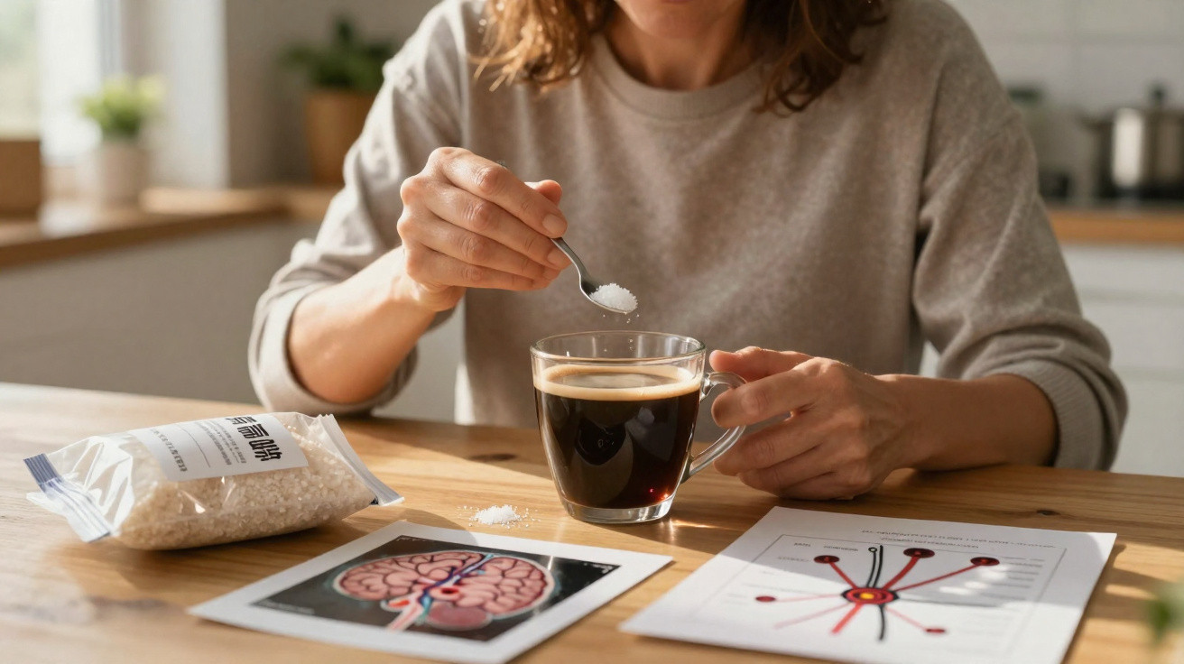 Person gibt Zucker in Kaffee, auf Tisch medizinische Fotos und Zuckertüte, helle Küche im Hintergrund.