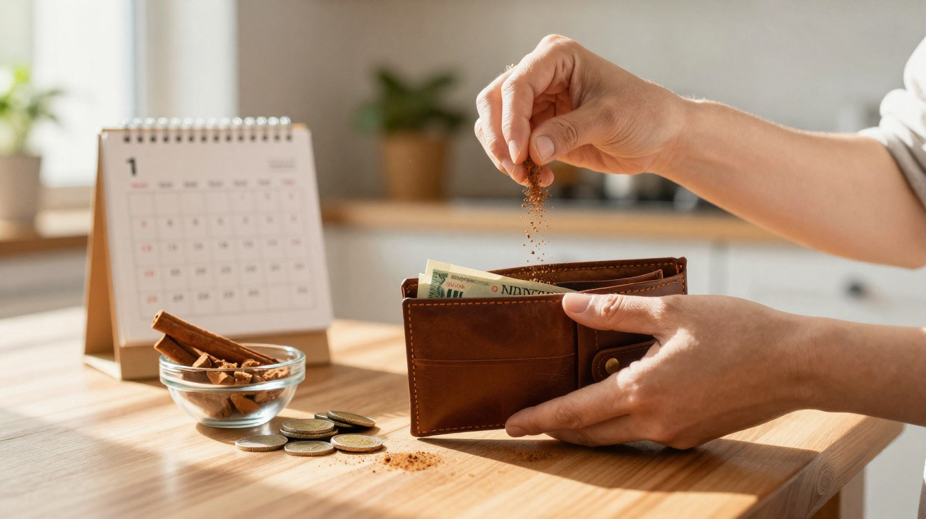 Hände streuen Zimt über eine Geldbörse mit Geld, daneben Münzen, Zimtstangen und ein Kalender mit Januar.