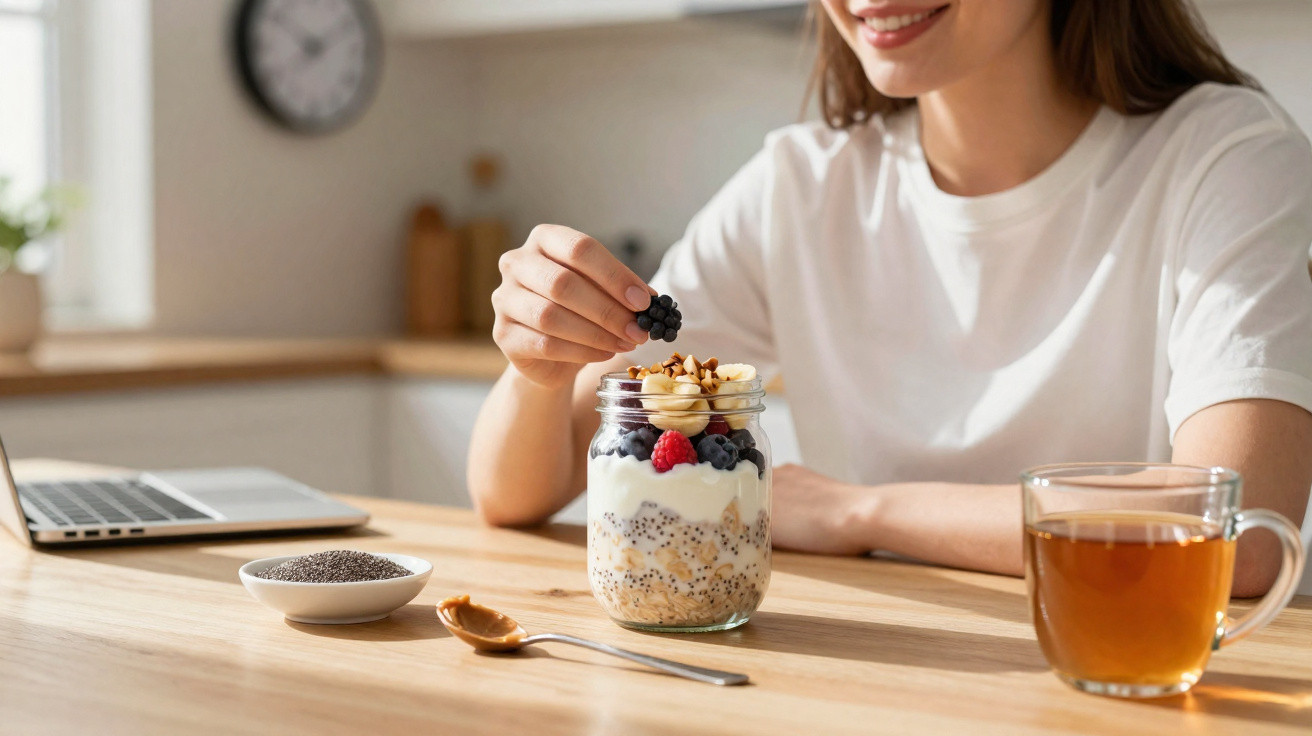 Frau bereitet Frühstück mit Joghurt, Beeren und Nüssen in der Küche vor, neben Tee und Laptop auf dem Tisch.